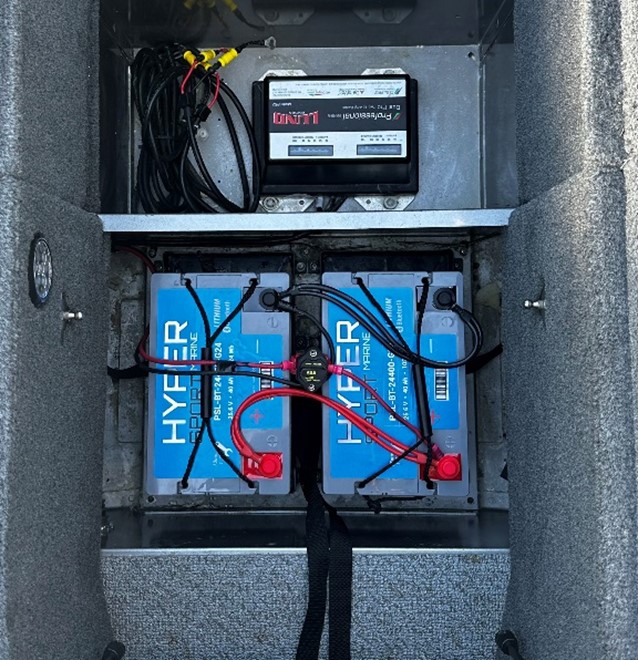 Two batteries installed inside a boat, showcasing their application for connectivity and marine power.